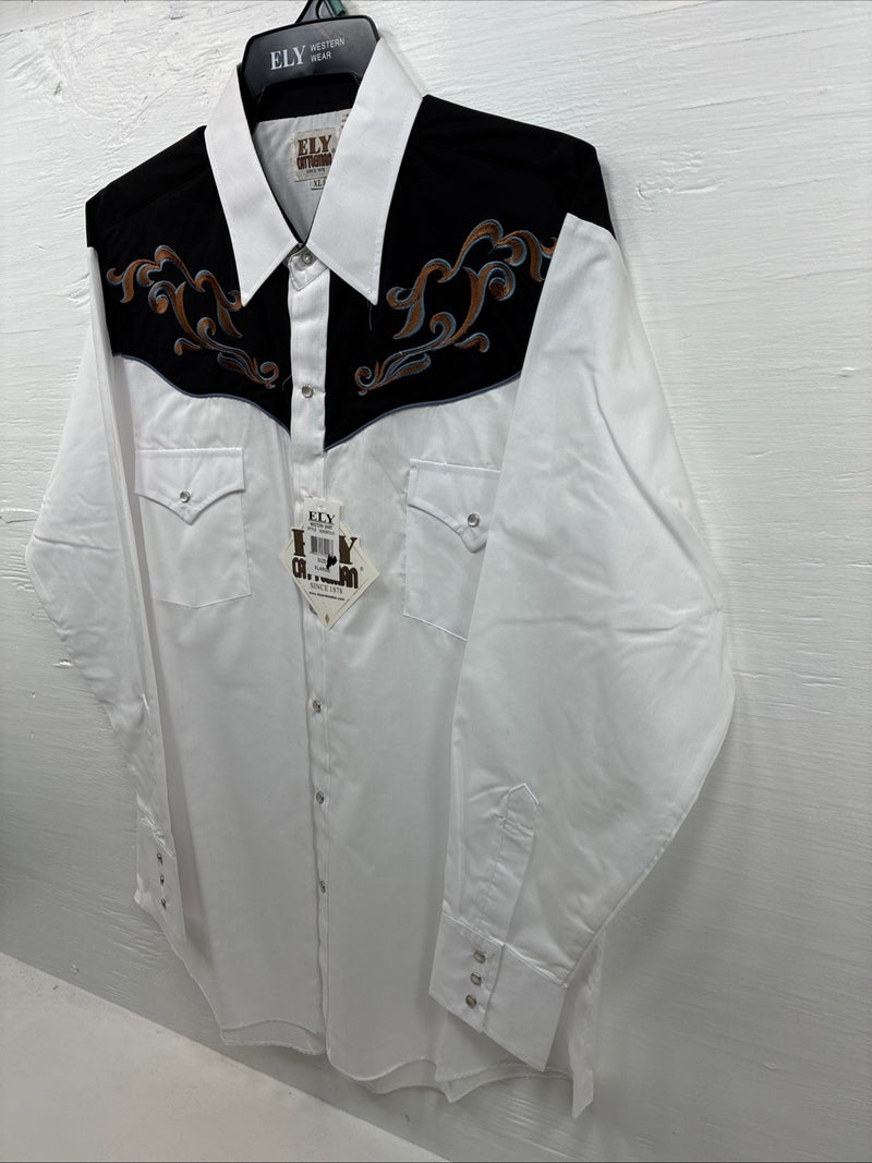 New Men’s ELY Cattleman White Black Embroidered Long Sleeve Pearl Snap XL H-65