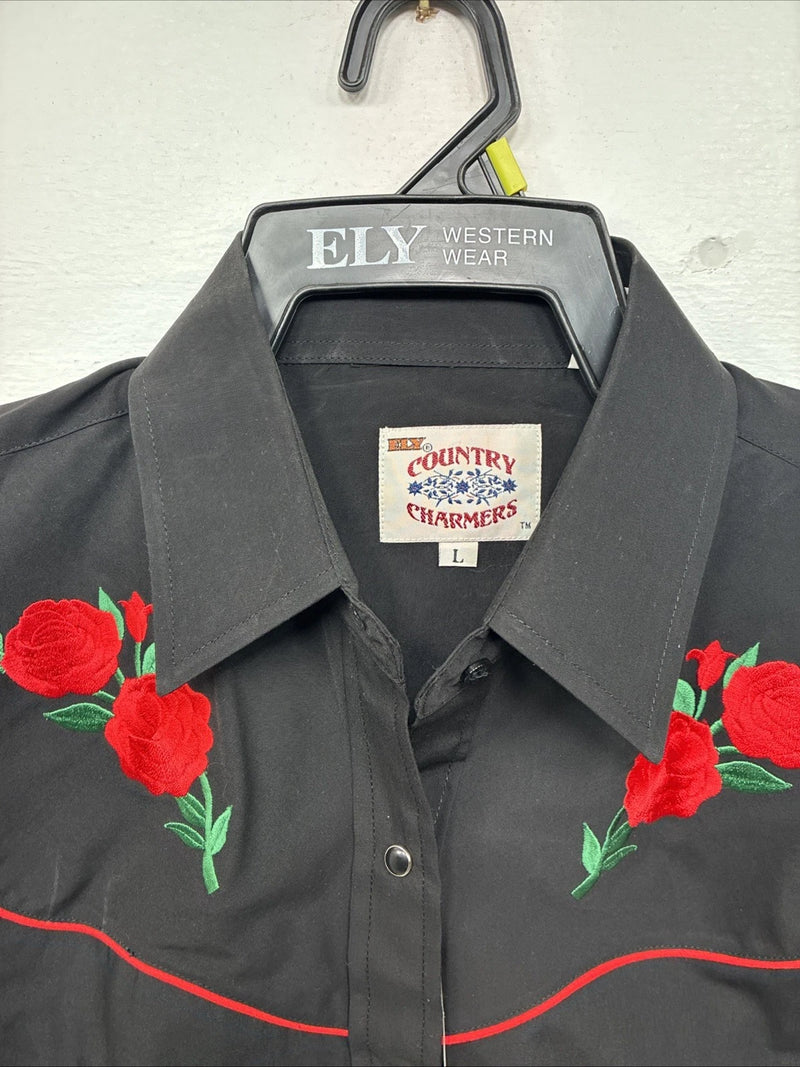New Women’s Country Charmers Black Rose Long Sleeve Pearl Snap Large II-70