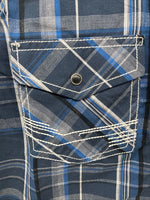 New Men’s ELY 1878 Blue Gray Plaid Short Sleeve Pearl Snap Large X-45