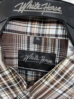 New Men’s White Horse Brown Plaid Long Sleeve Pearl Snap XL H-81