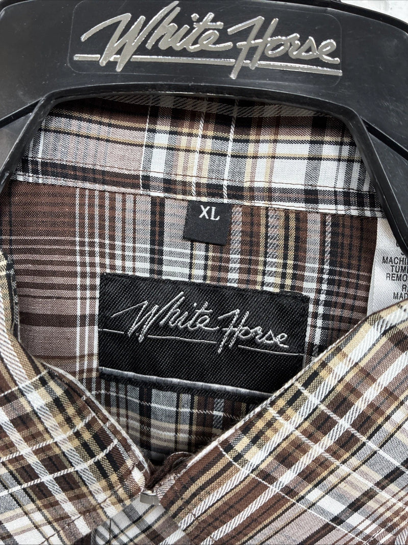 New Men’s White Horse Brown Plaid Long Sleeve Pearl Snap XL H-81