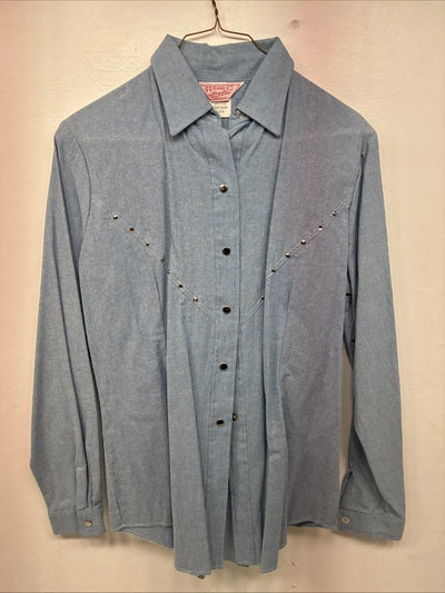New Women’s H Bar C Jean Blue Long Sleeve Pearl Snap Size 34 KK-34