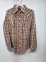 New Kids Panhandle Slim Orange Plaid Long Sleeve Pearl Snap 12 LL-36