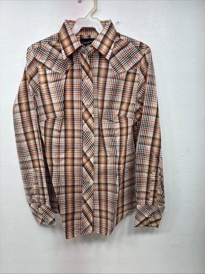 New Kids Panhandle Slim Orange Plaid Long Sleeve Pearl Snap 12 LL-36