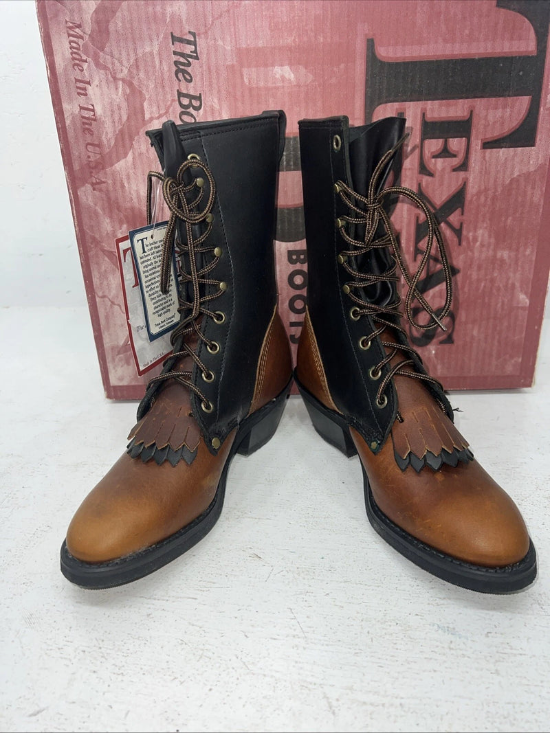 New Women’s Brown Lace Up Texas Brand Cowboy Boots. 4691 7.5 7 1/2 M. 17-62