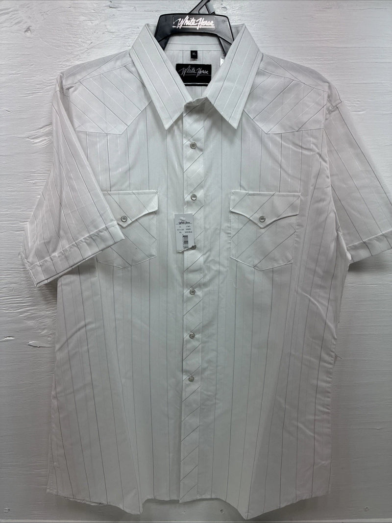 New Men’s White Horse White Stripe Short Sleeve Button Up XL T-9