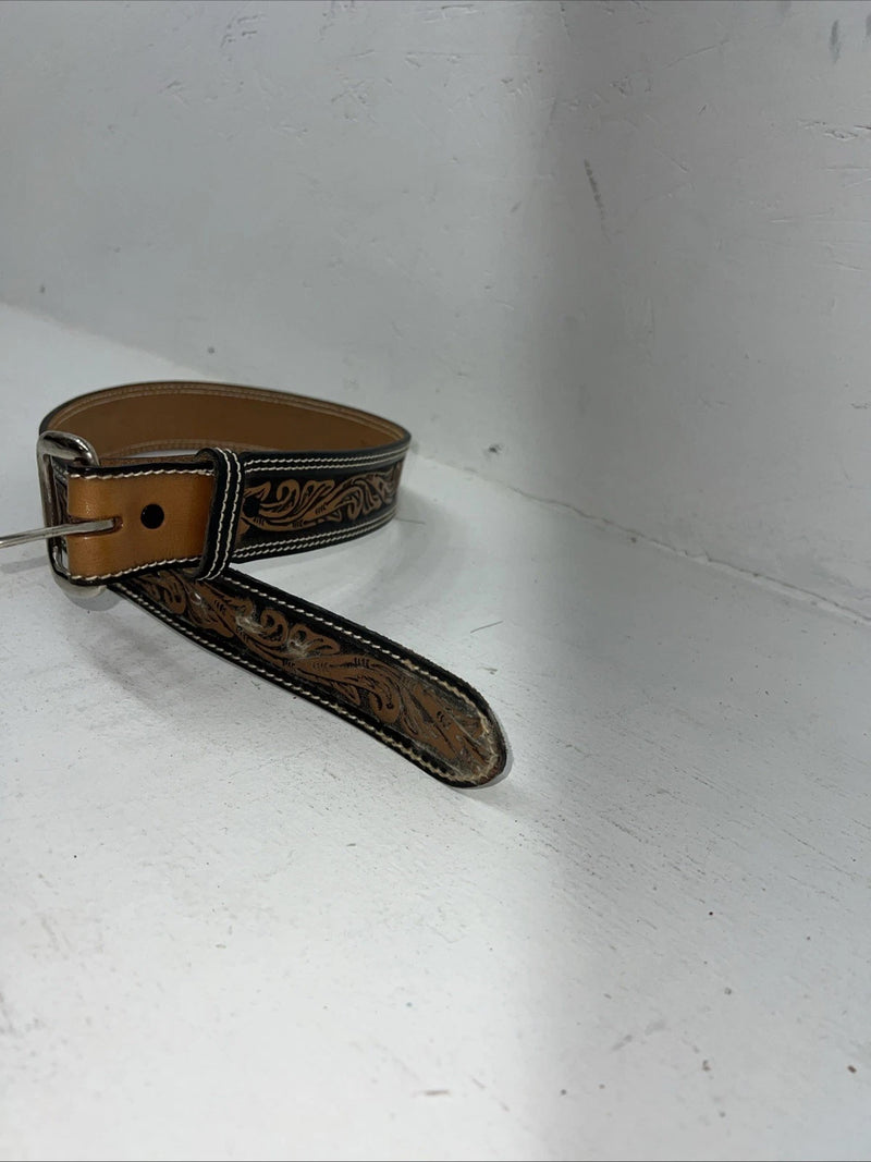 New Brown Black Perkies Hand Tooled Genuine Leather Belt 30” #7512 W-11