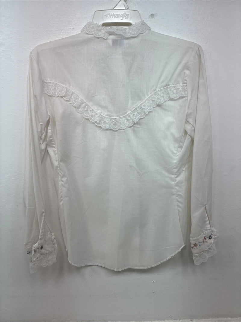 New Women’s American Rodeo White Embroidered Long Sleeve Pearl Snap 14 YY-133