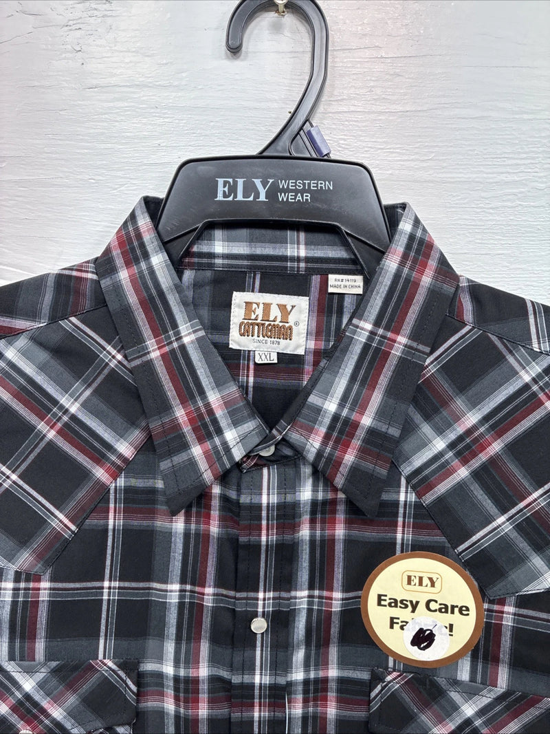 New Men’s ELY Cattleman Black Red Flannel Long Sleeve Pearl Snap 2XL F-93