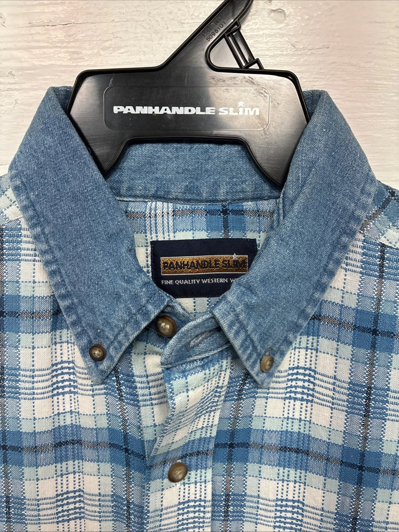 New Men’s Panhandle Slim Blue Plaid Long Sleeve Button Up Large AA-30