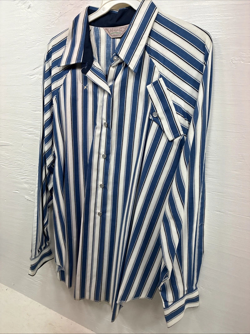 New Women’s H Bar C Blue Stripe Long Sleeve Pearl Snap Size 40 DD-20