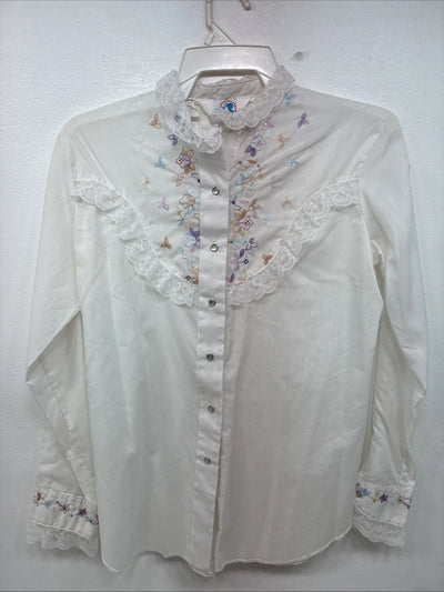 New Women’s American Rodeo White Embroidered Long Sleeve Pearl Snap 14 YY-133