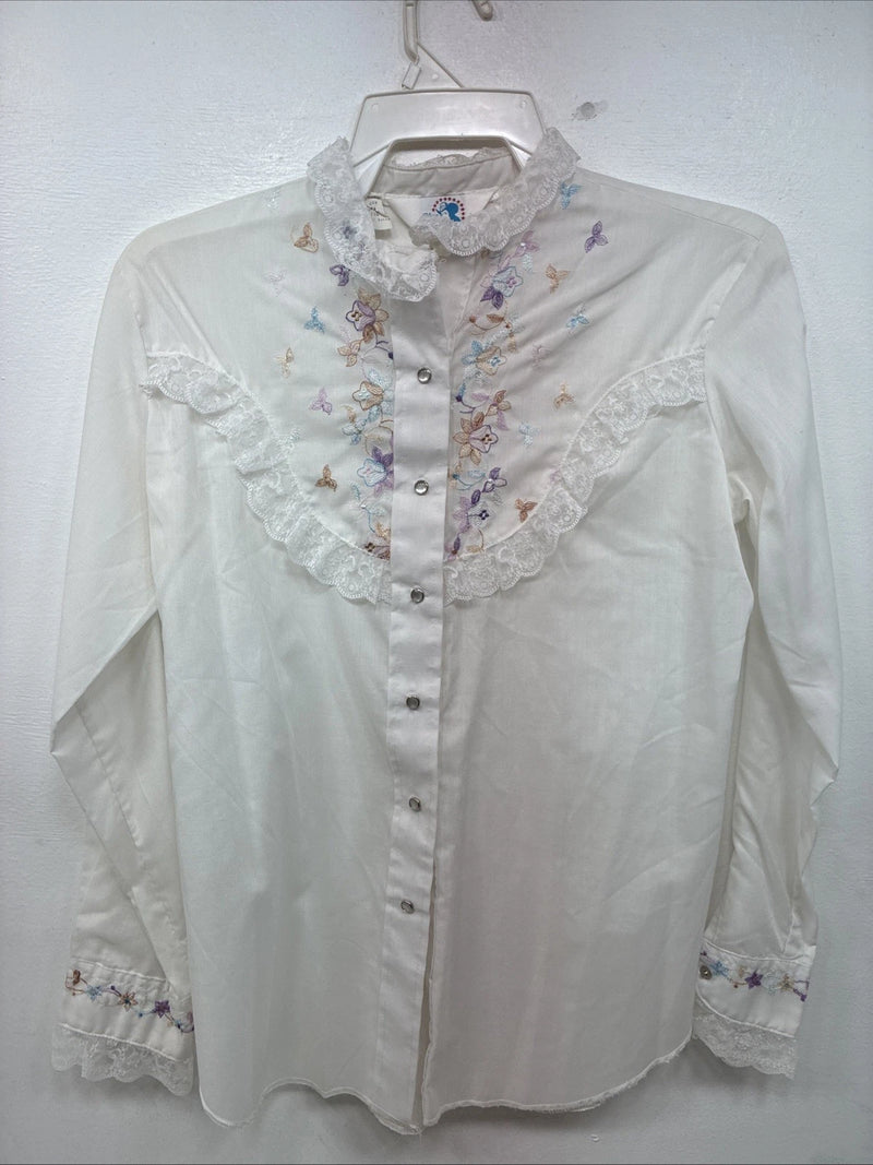 New Women’s American Rodeo White Embroidered Long Sleeve Pearl Snap 14 YY-133
