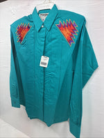 New Men’s Wrangler Teal Western Design Long Sleeve Cover Button Up Small J-49