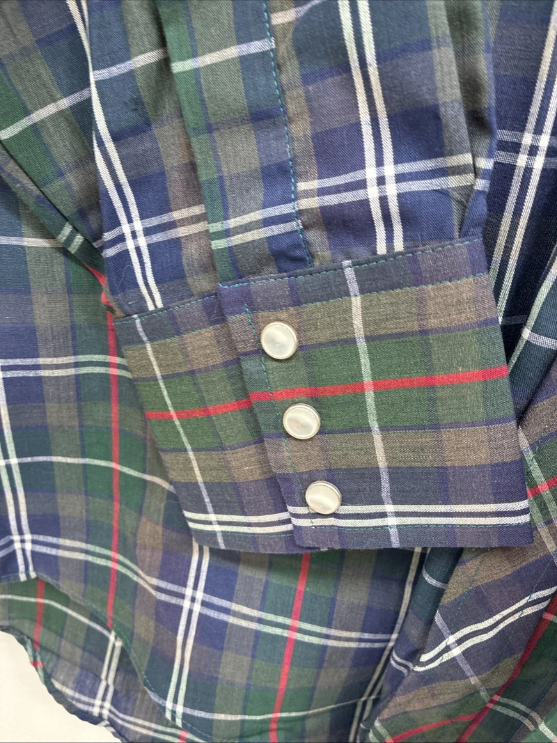 New Men’s ELY Plains Green Blue Plaid Long Sleeve Pearl Snap 16.5 Large Q-85