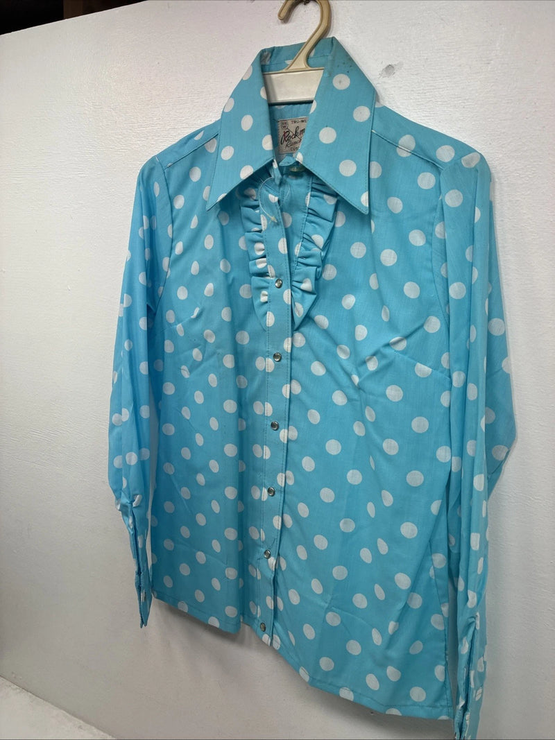 New Women’s Rockmount Blue Polkadot Long Sleeve Pearl Snap Size 32 KK-97