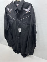 New Men’s ELY diamond Black Western Eagle Long Sleeve Pearls Snap 2XL F-67 