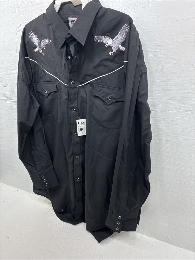 New Men’s ELY diamond Black Western Eagle Long Sleeve Pearls Snap 2XL F-67 