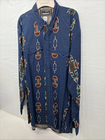 New Men’s GunSmoke Blue Western Design Long Sleeve Button Up XL O-40