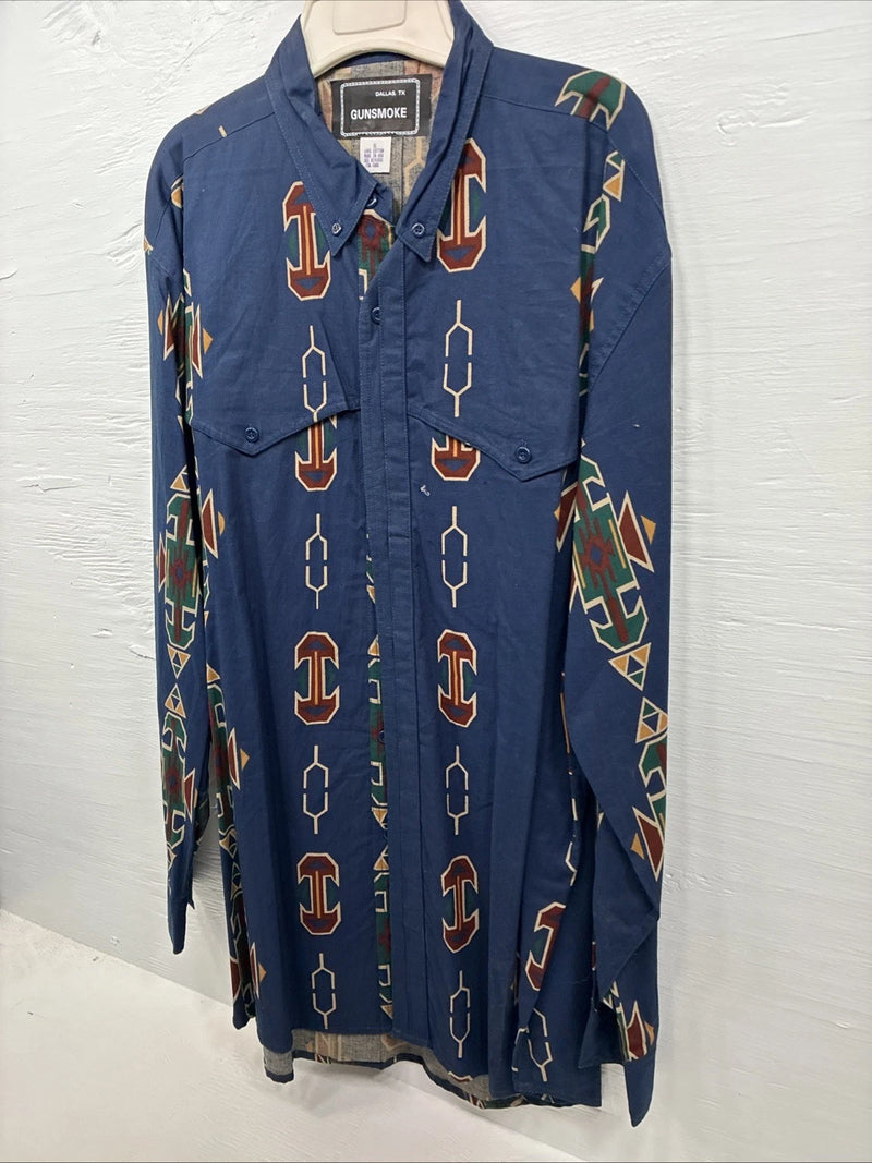 New Men’s GunSmoke Blue Western Design Long Sleeve Button Up XL O-40