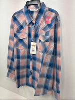 New Women’s Cumberland Pink Blue Plaid Long Sleeve Pearl Snap 1XL Plus GG-68