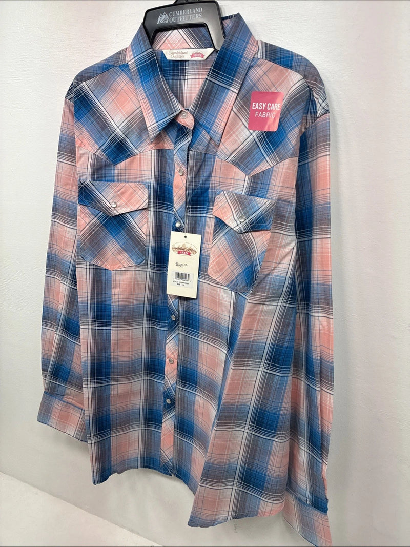 New Women’s Cumberland Pink Blue Plaid Long Sleeve Pearl Snap 1XL Plus GG-68