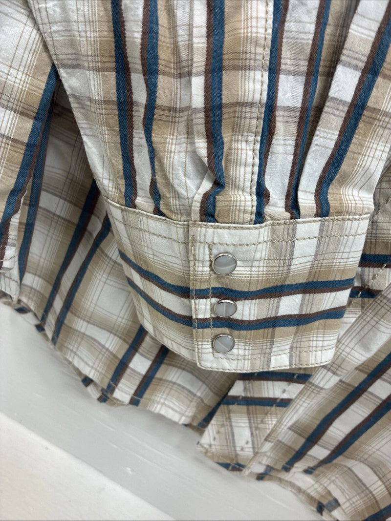 New Men’s ELY 1878 Brown Blue Plaid Long Sleeve Pearl Snap XL V-28