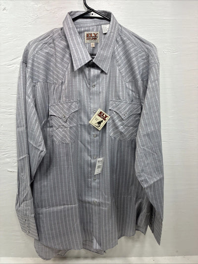 New Men’s ELY Cattleman Gray Stripped Long Sleeve Pearl Snap 18 2XL AA-69