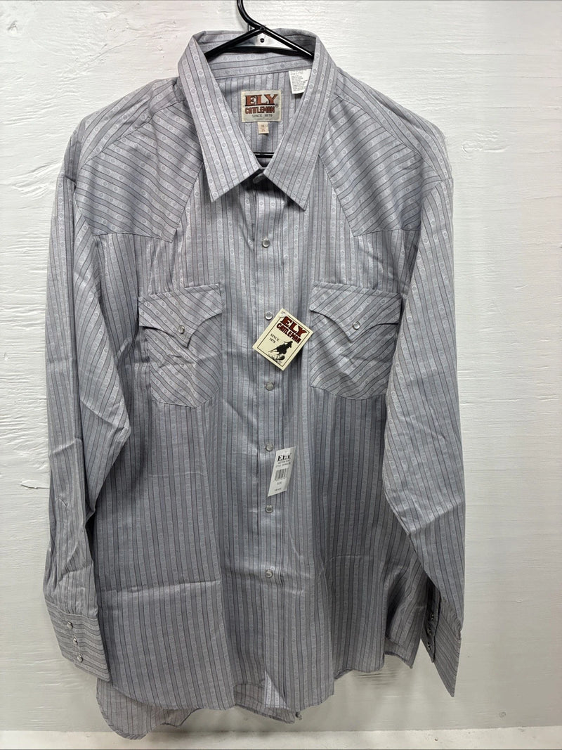 New Men’s ELY Cattleman Gray Stripped Long Sleeve Pearl Snap 18 2XL AA-69