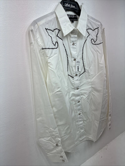 New Women’s White horse White Design Long Sleeve Pearl Snap Large KK-123