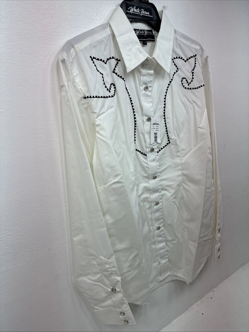 New Women’s White horse White Design Long Sleeve Pearl Snap Large KK-123