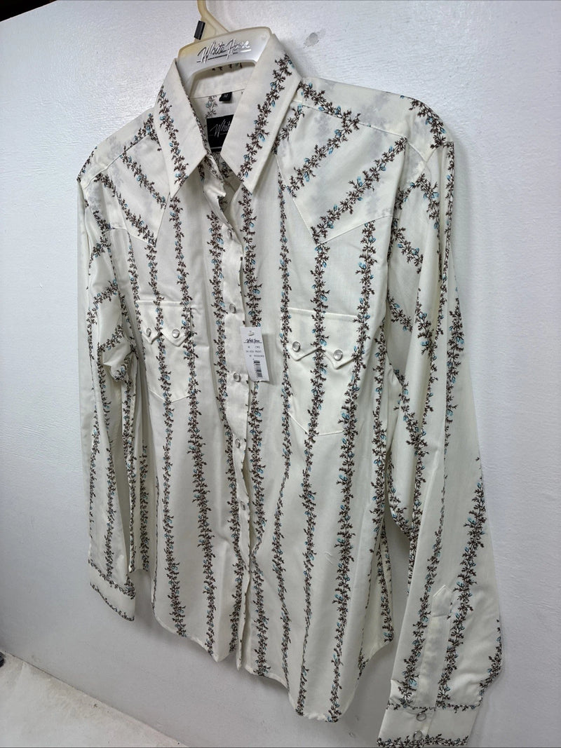 New Women’s White Horse White Floral Long Sleeve Pearl Snap Medium YY-80