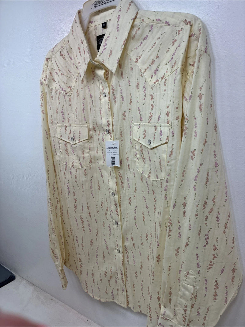 New Women’s White Horse Yellow Floral Long Sleeve Pearl Snap Size XL YY-46 