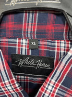 New Men’s White Horse Red Navy Blue Plaid Long Sleeve Pearl Snap XL H-78