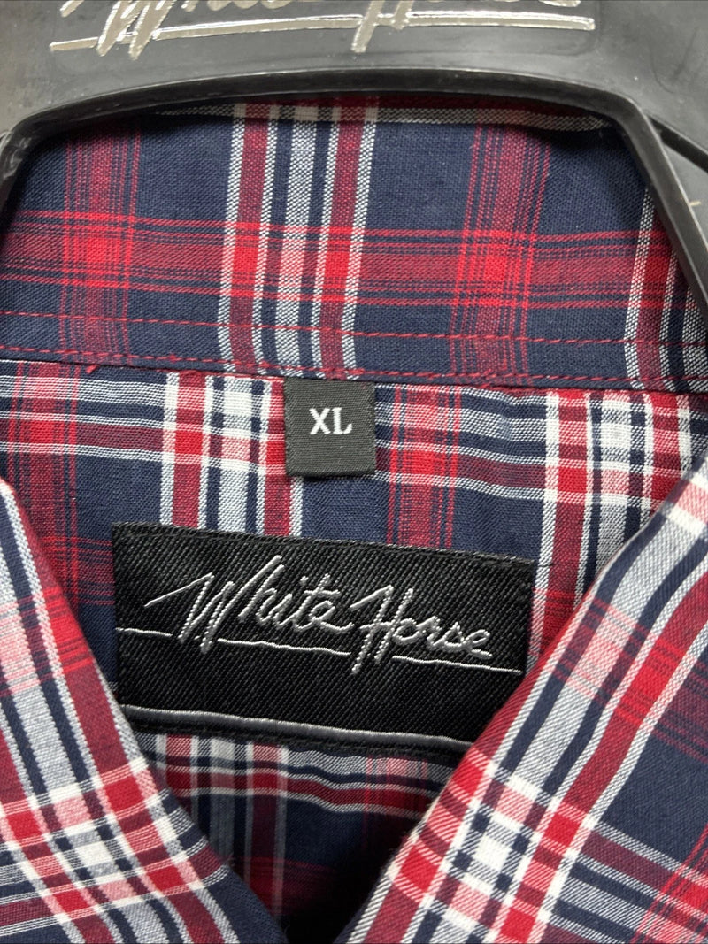 New Men’s White Horse Red Navy Blue Plaid Long Sleeve Pearl Snap XL H-78