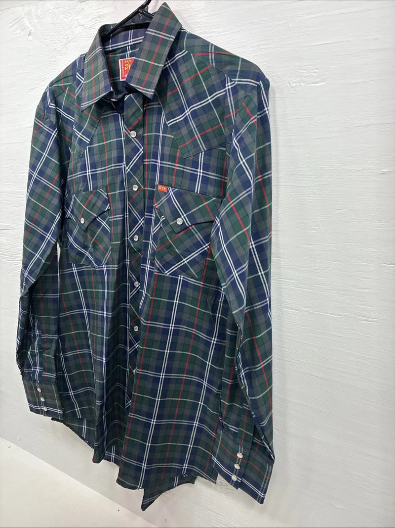 New Men’s ELY Plains Green Blue Plaid long Sleeve Pearl Snap 15.5 Medium T-67