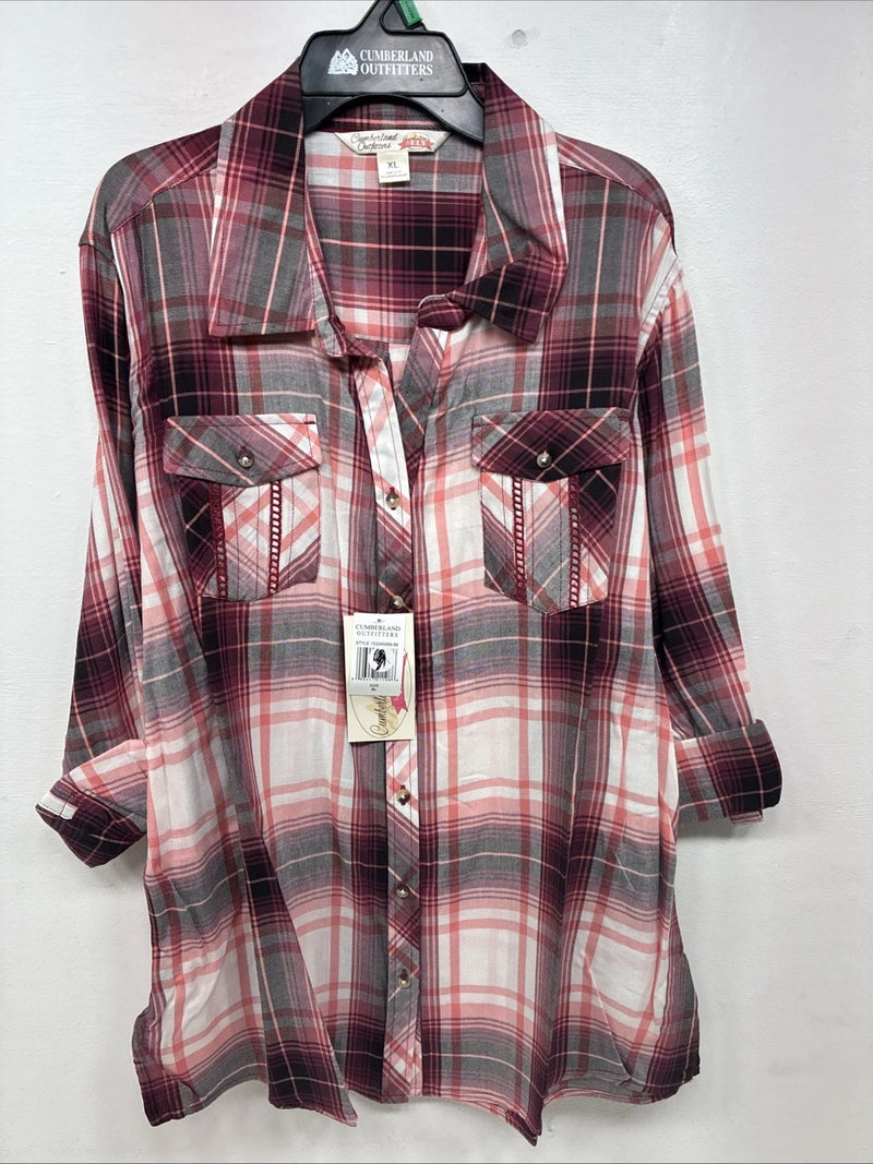 New Women’s Cumberland Pink Plaid Long Sleeve Pearl Snap XL GG-66