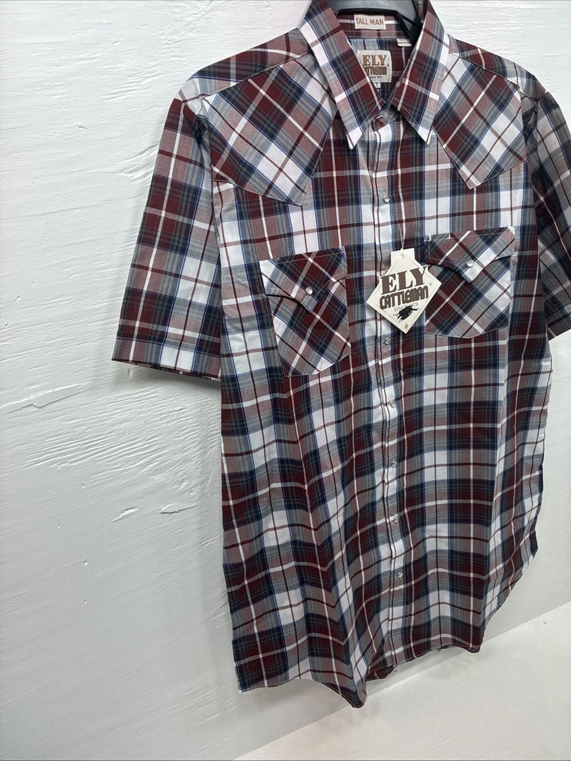 New Men’s ELY Cattleman Red White Plaid Short Sleeve Pearl Snap Large Tall X-66