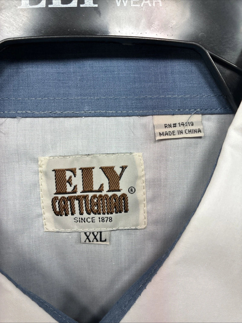 New Men’s ELY Cattleman White Blue Embroidered Long Sleeve Pearl Snap 2XL H-29