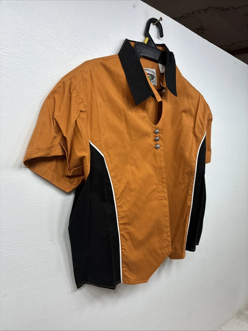 New Women’s Cumberland Orange Black Short Sleeve Button Up Large TT-68