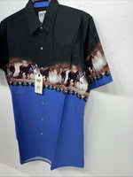 New Men’s Black Blue Horse ELY Cattleman Short Sleeve Pearl Snap Shirt. L P-71