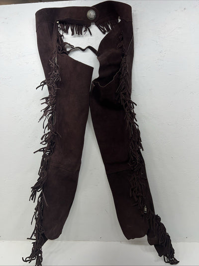 NOS Brown Show Chaps With Fringe Large Adjustable Waist 45” I-62