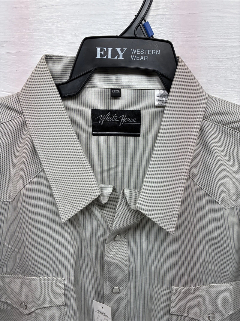 New Men’s White Horse Gray Strip Long Sleeve Pearl Snap 3XL E-61