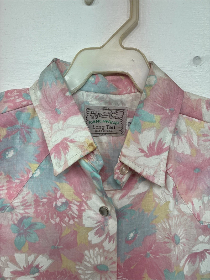 New Women’s H Bar C Pink Floral Short Sleeve Pearl Snap Size 32 DD-154