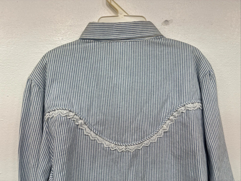 New Women’s Kid Kountry Blue Stripe Design Long Sleeve Pearl Snap Size 14 YY-10