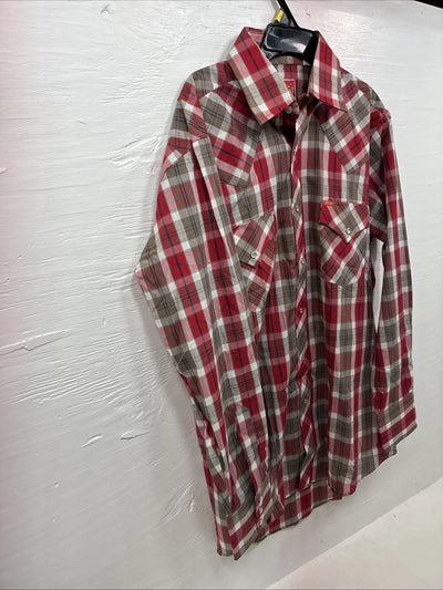New Men’s ELY Plains Red Brown Plaid Long Sleeve Pearl Snap Medium X-42