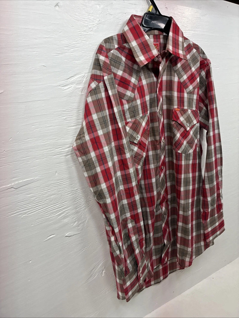 New Men’s ELY Plains Red Brown Plaid Long Sleeve Pearl Snap Medium X-42