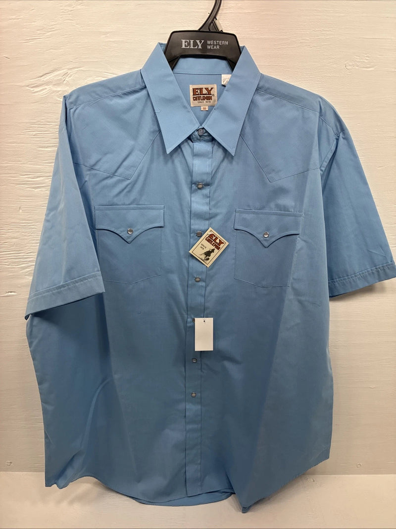 New Men’s ELY Cattleman Blue Short Sleeve Simple Pearl Snap 18 2XL F-81