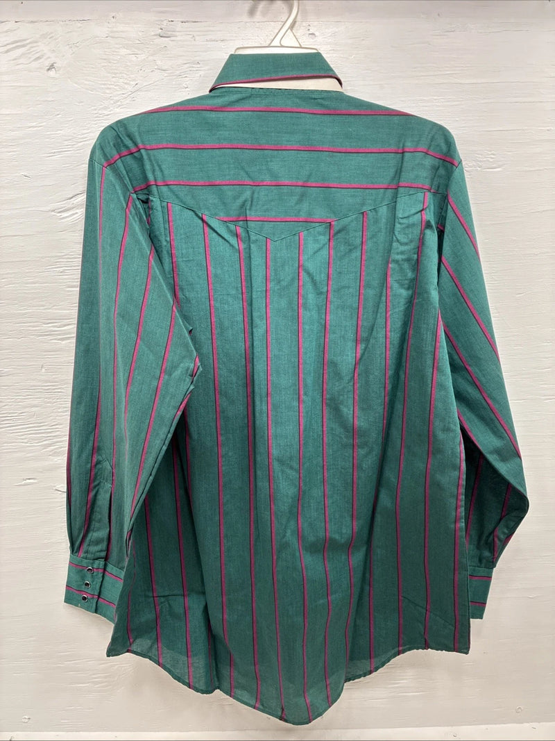 New Men’s ELY Cattleman Green Pink Stripe Long Sleeve Pearl Snap 16.5 Large Q-81