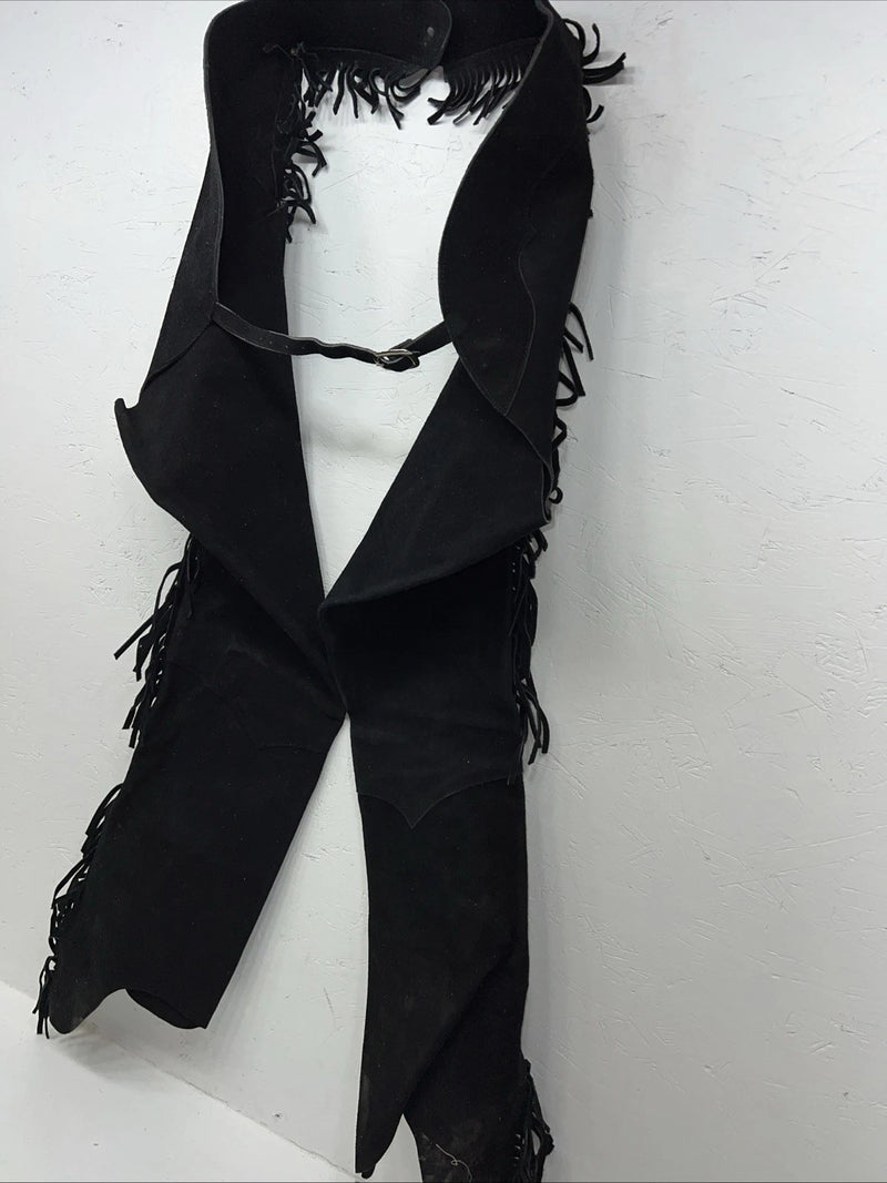 NOS Black Show Chaps With Fringe Adjustable Waist 44” N-50